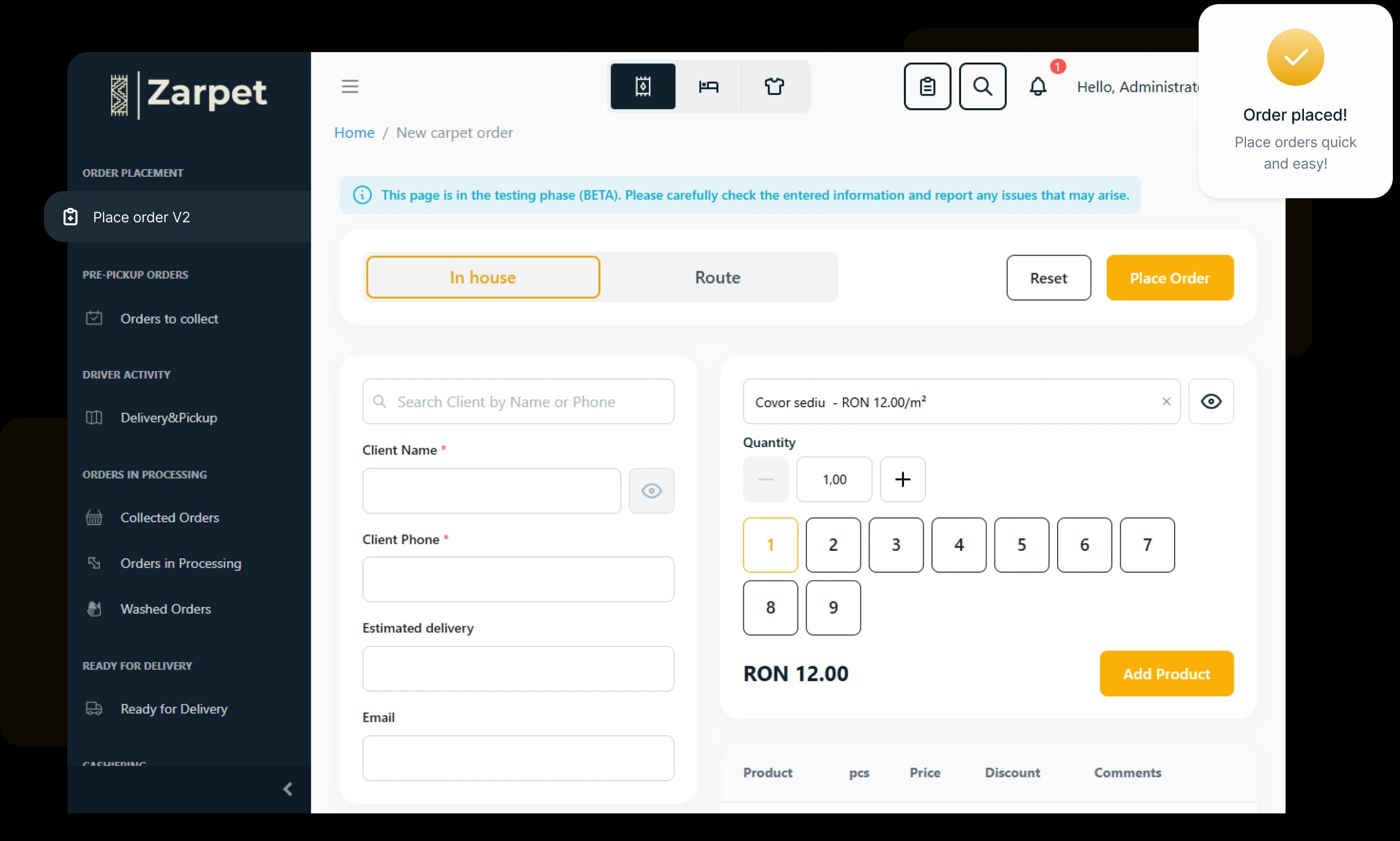 The order placement page in Zarpet.