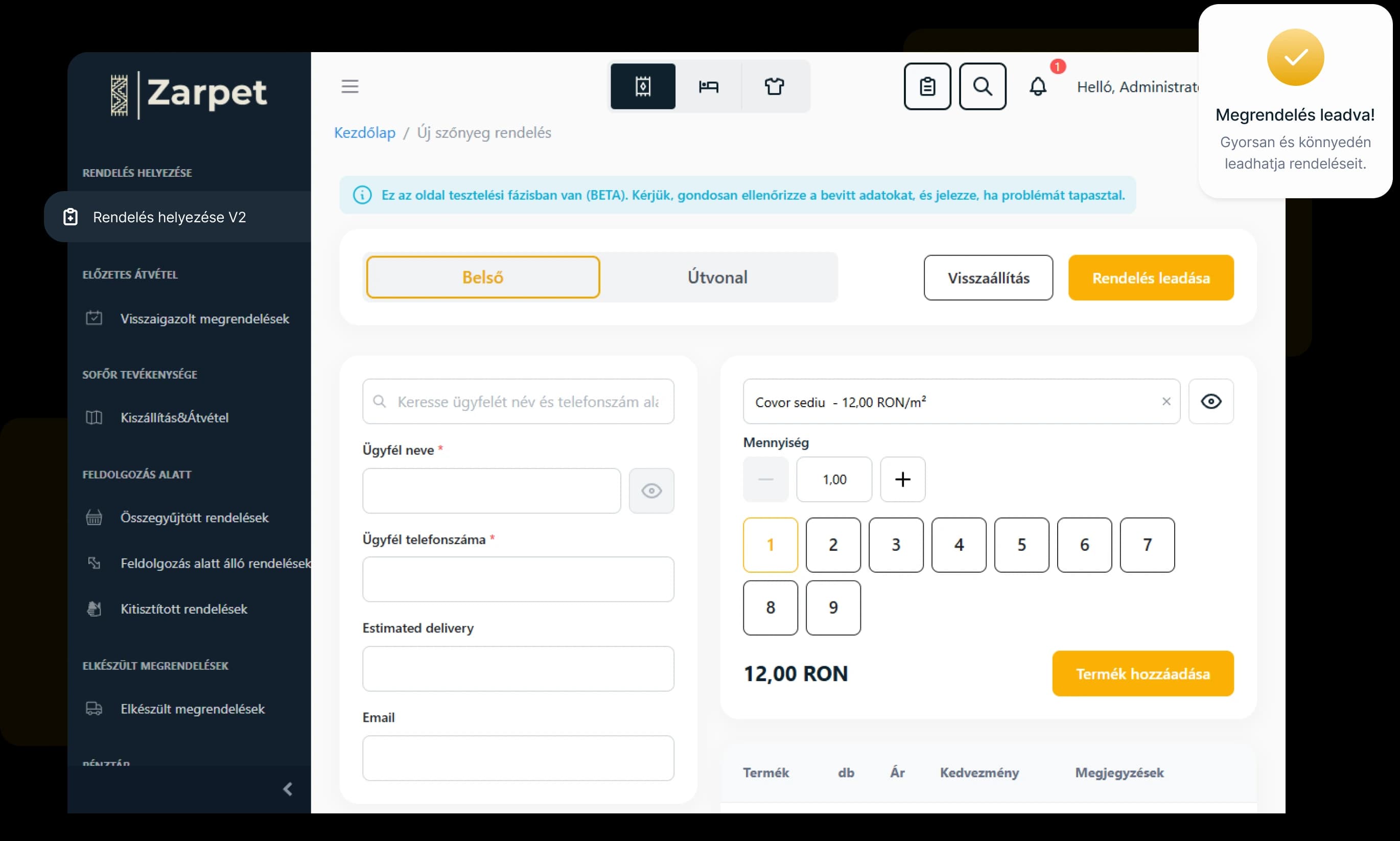 Az Zarpet rendelési oldal.