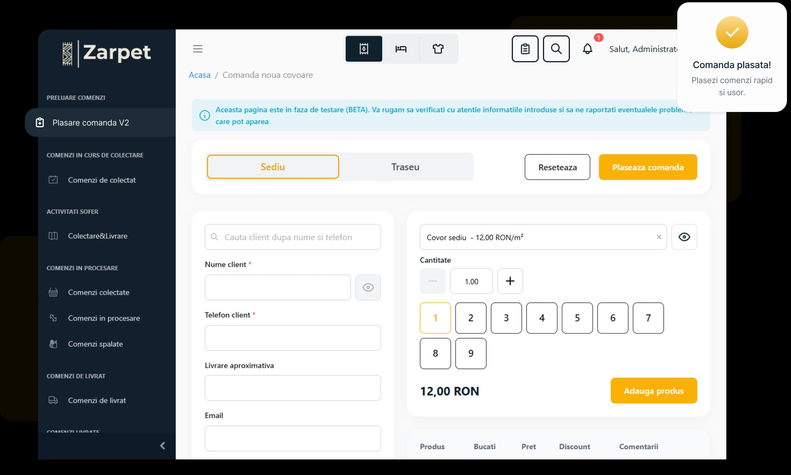 Pagina de plasare comandă din Zarpet.